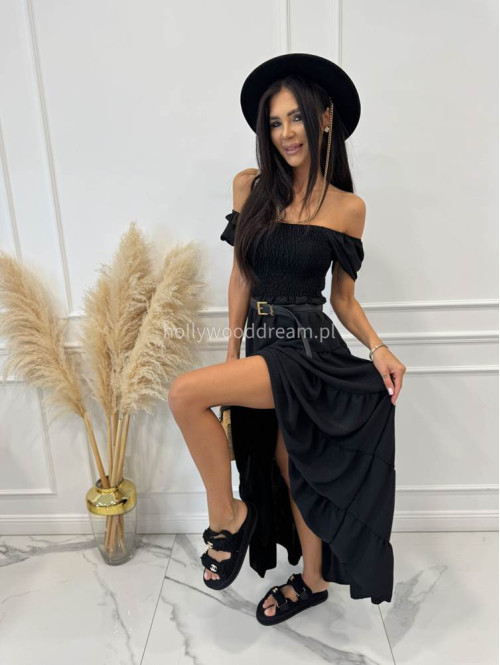 Sukienka maxi z gumką na biuście i przeszyciami TATIANA czarna 17 - photo #7