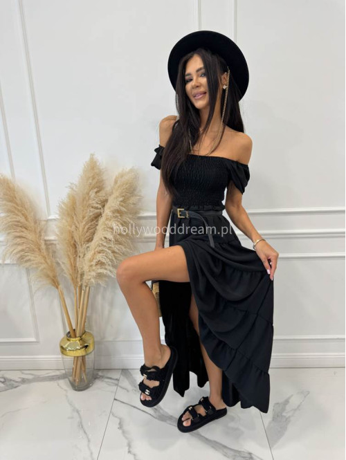 Sukienka maxi z gumką na biuście i przeszyciami TATIANA czarna 17 - photo #8