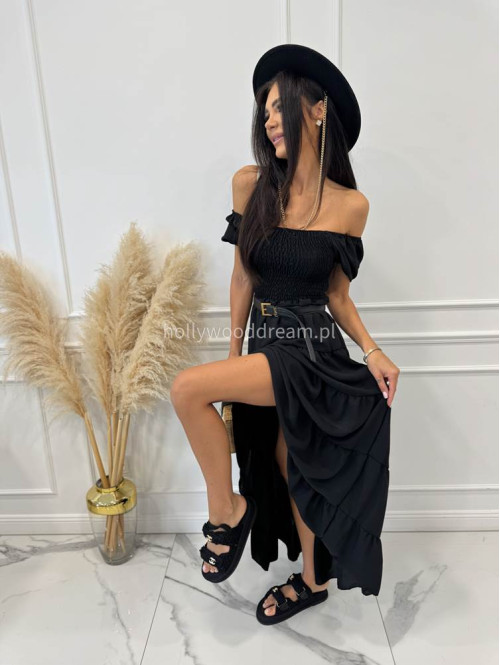 Sukienka maxi z gumką na biuście i przeszyciami TATIANA czarna 17 - photo #9
