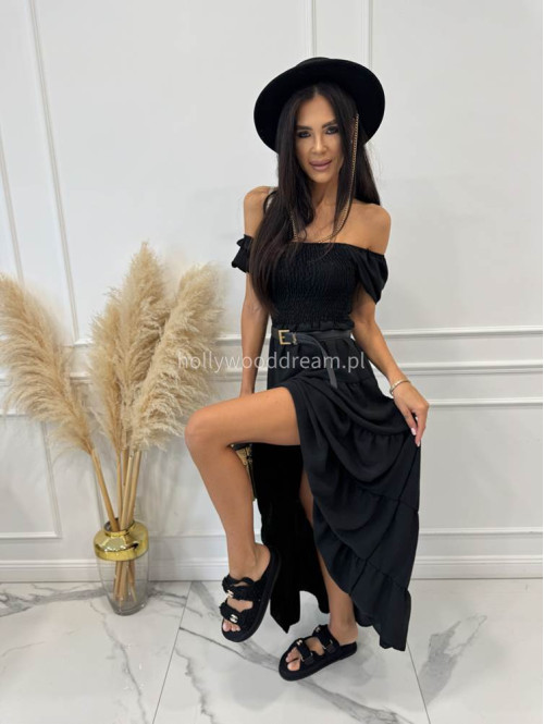 Sukienka maxi z gumką na biuście i przeszyciami TATIANA czarna 17 - photo #10