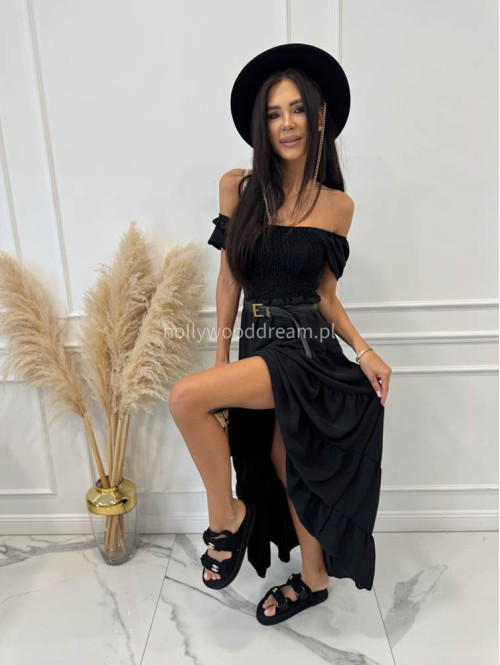 Sukienka maxi z gumką na biuście i przeszyciami TATIANA czarna 17 - photo #11