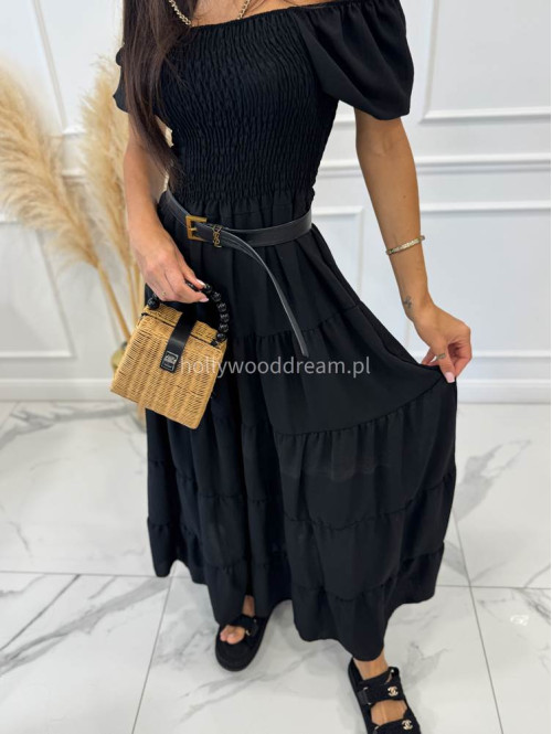 Sukienka maxi z gumką na biuście i przeszyciami TATIANA czarna 17 - photo #14