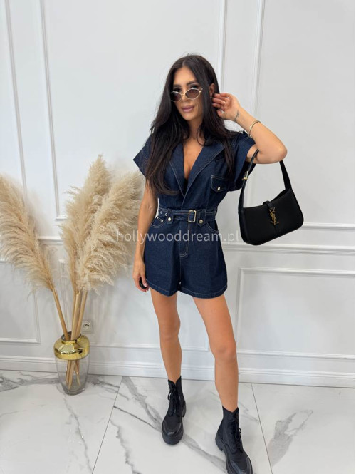 Kombinezon krótki z paskiem RONNI ciemny jeans 09 - photo #2