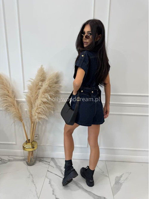 Kombinezon krótki z paskiem RONNI ciemny jeans 09 - photo #11