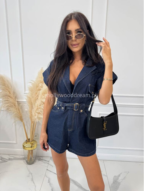 Kombinezon krótki z paskiem RONNI ciemny jeans 09 - photo #16