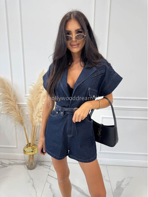 Kombinezon krótki z paskiem RONNI ciemny jeans 09 - photo #17