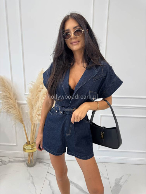 Kombinezon krótki z paskiem RONNI ciemny jeans 09 - photo #18