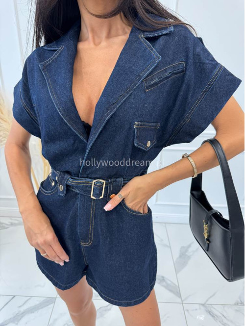 Kombinezon krótki z paskiem RONNI ciemny jeans 09 - photo #21