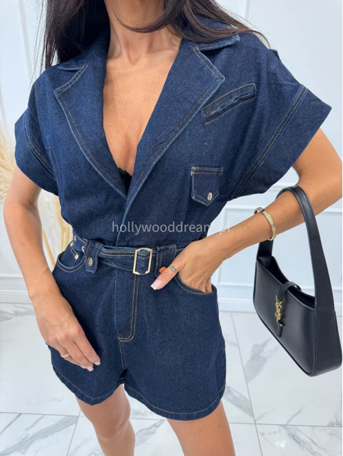 Kombinezon krótki z paskiem RONNI ciemny jeans 09 - photo #22