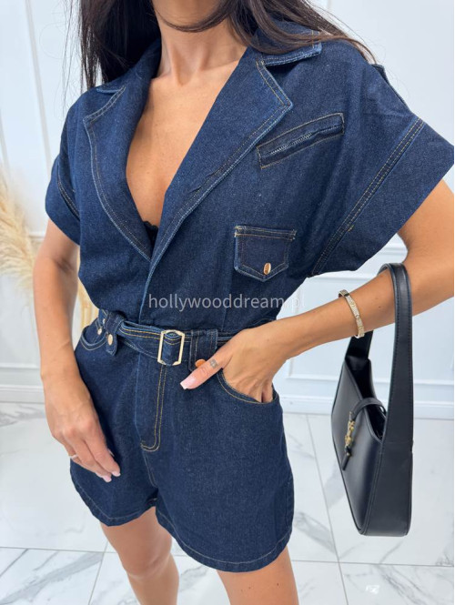 Kombinezon krótki z paskiem RONNI ciemny jeans 09 - photo #23