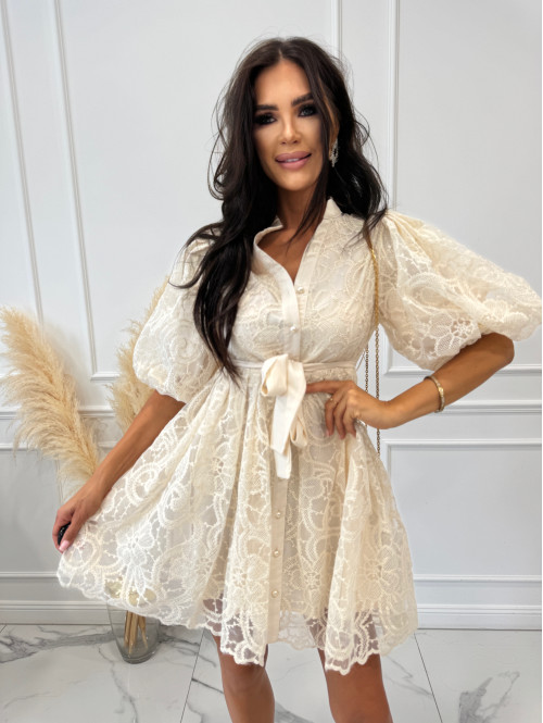 Sukienka mini koronkowa rozkloszowana z bufkami i paskiem 100% wiskoza BABY DOLL ecru 09 - photo #1