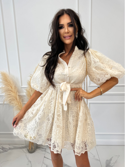 Sukienka mini koronkowa rozkloszowana z bufkami i paskiem 100% wiskoza BABY DOLL ecru 09