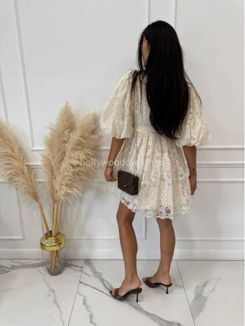 Sukienka mini koronkowa rozkloszowana z bufkami i paskiem 100% wiskoza BABY DOLL ecru 09 - photo #24