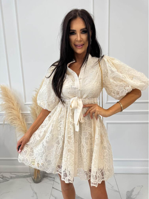 Sukienka mini koronkowa rozkloszowana z bufkami i paskiem 100% wiskoza BABY DOLL ecru 09 - photo #25