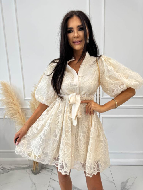 Sukienka mini koronkowa rozkloszowana z bufkami i paskiem 100% wiskoza BABY DOLL ecru 09 - photo #27
