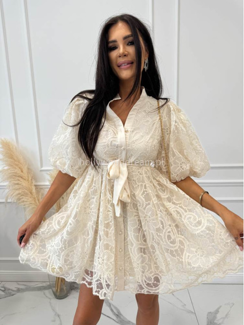 Sukienka mini koronkowa rozkloszowana z bufkami i paskiem 100% wiskoza BABY DOLL ecru 09 - photo #28