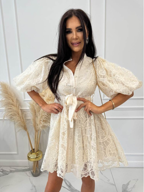 Sukienka mini koronkowa rozkloszowana z bufkami i paskiem 100% wiskoza BABY DOLL ecru 09 - photo #29
