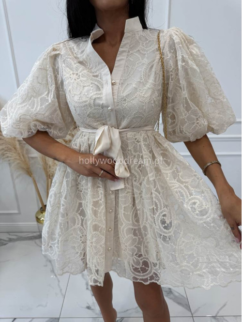 Sukienka mini koronkowa rozkloszowana z bufkami i paskiem 100% wiskoza BABY DOLL ecru 09 - photo #30