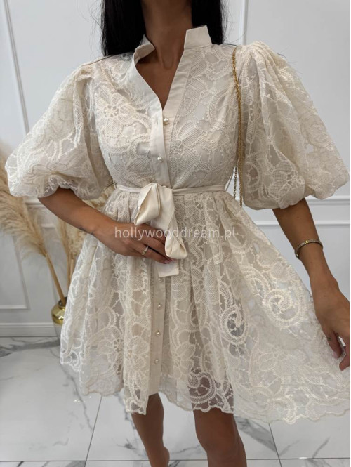 Sukienka mini koronkowa rozkloszowana z bufkami i paskiem 100% wiskoza BABY DOLL ecru 09 - photo #31