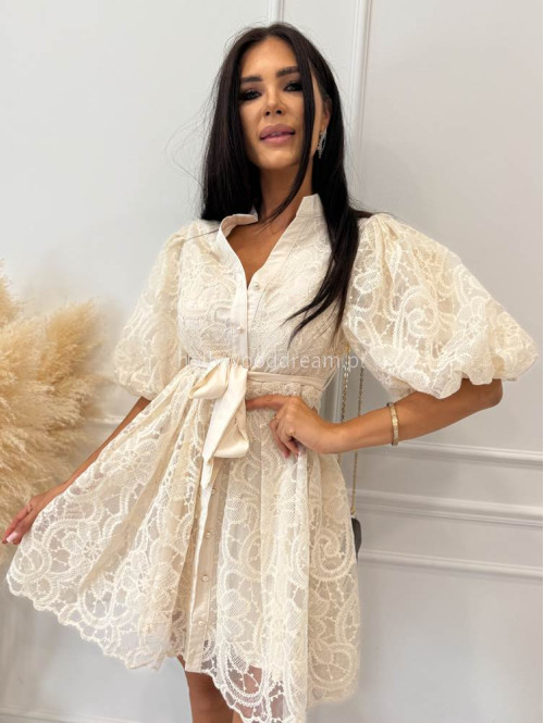 Sukienka mini koronkowa rozkloszowana z bufkami i paskiem 100% wiskoza BABY DOLL ecru 09 - photo #37