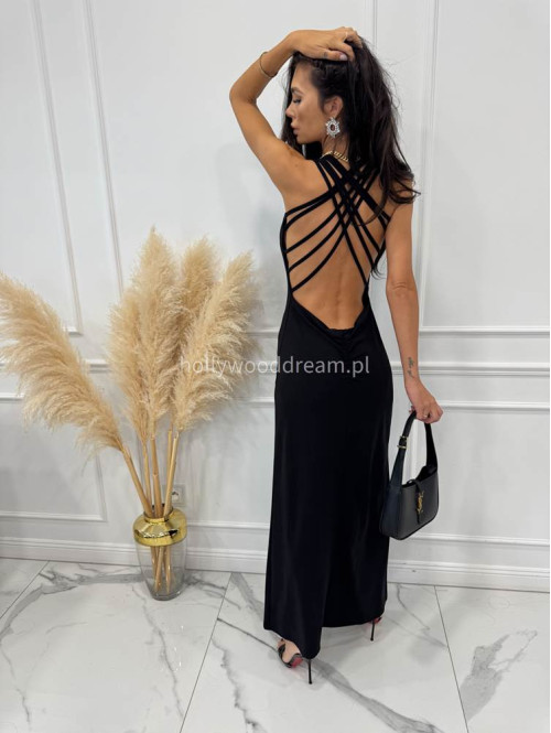 Sukienka maxi z rozporkiem i ozdobnymi sznurkami na plecach KARINA czarna185 - photo #6