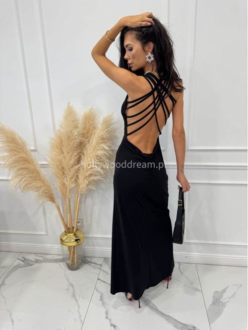 Sukienka maxi z rozporkiem i ozdobnymi sznurkami na plecach KARINA czarna185 - photo #7