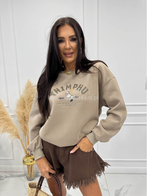 Bluza ze ściągaczami z nadrukiem misia THIMPHU ciemno beżowa 06 - photo #11