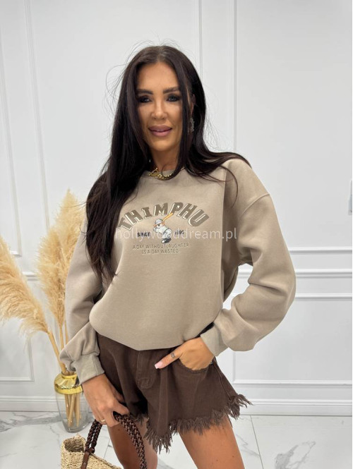 Bluza ze ściągaczami z nadrukiem misia THIMPHU ciemno beżowa 06 - photo #13