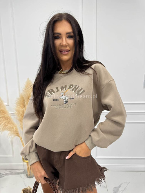 Bluza ze ściągaczami z nadrukiem misia THIMPHU ciemno beżowa 06 - photo #14