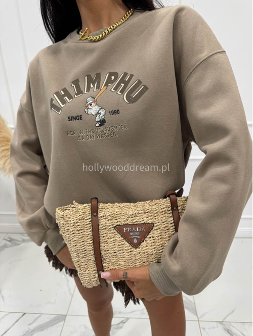 Bluza ze ściągaczami z nadrukiem misia THIMPHU ciemno beżowa 06 - photo #16