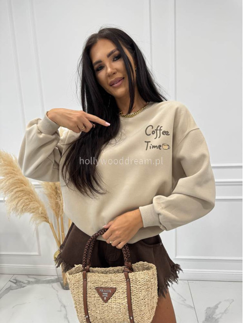 Bluza ze ściągaczami COFFE TIME beżowa 06 - photo #9