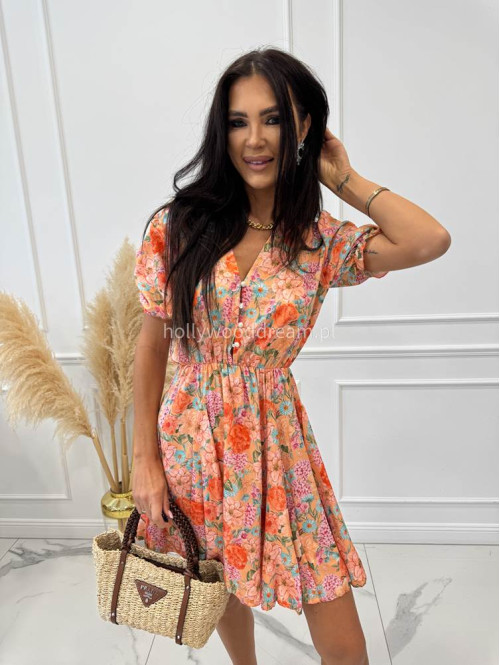 Sukienka mini na krótki rękaw ANGIE pomarańczowo różowo niebieska 172 - photo #13