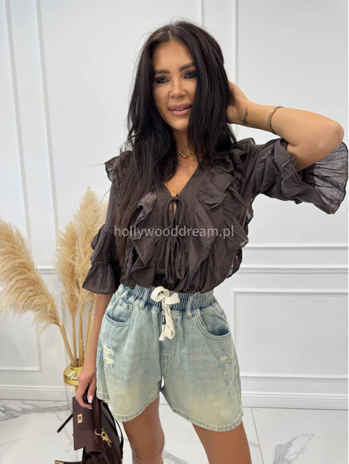 Spodenki jeansowe z gumką w pasie, sznurkiem i przetarciami FELIX sprany jeans 06 - photo #16