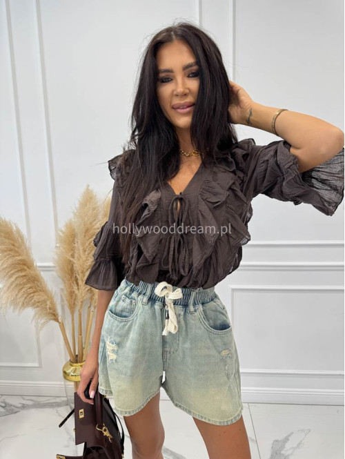 Spodenki jeansowe z gumką w pasie, sznurkiem i przetarciami FELIX sprany jeans 06 - photo #17