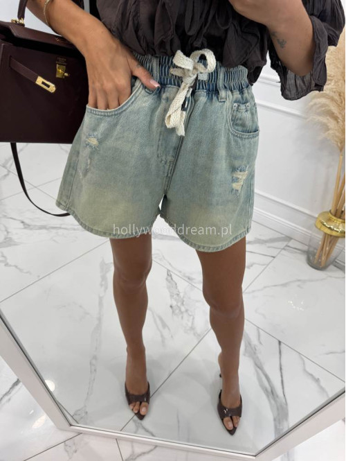 Spodenki jeansowe z gumką w pasie, sznurkiem i przetarciami FELIX sprany jeans 06 - photo #20