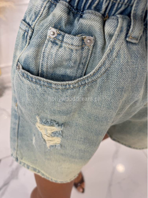 Spodenki jeansowe z gumką w pasie, sznurkiem i przetarciami FELIX sprany jeans 06 - photo #21