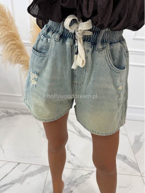 Spodenki jeansowe z gumką w pasie, sznurkiem i przetarciami FELIX sprany jeans 06 - photo #22