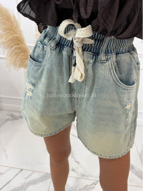 Spodenki jeansowe z gumką w pasie, sznurkiem i przetarciami FELIX sprany jeans 06 - photo #23