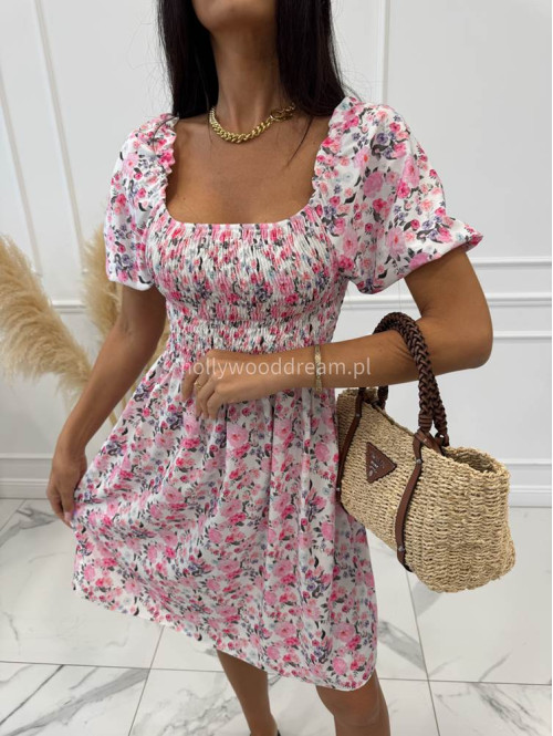 Sukienka mini w wzór kwiatów z ściągaczem przy biuście PINK biało-różowa 172 - photo #2