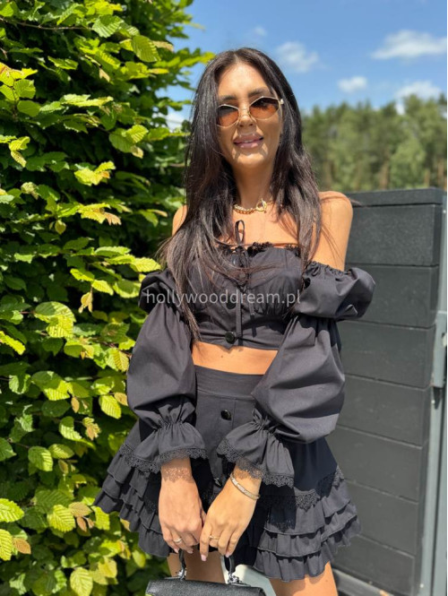 Komplet top+spódniczka mini z falbaną i koronką ALICE czarny 169 - photo #27