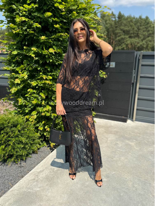 Spódnica maxi koronkowa z rozporkiem COSTA czarna 161 - photo #2