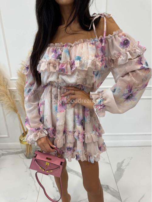 Sukienka mini z wiązaniem na ramionach i falbanami  w kwiaty ANGEL beżowo-niebieska 39 - photo #1