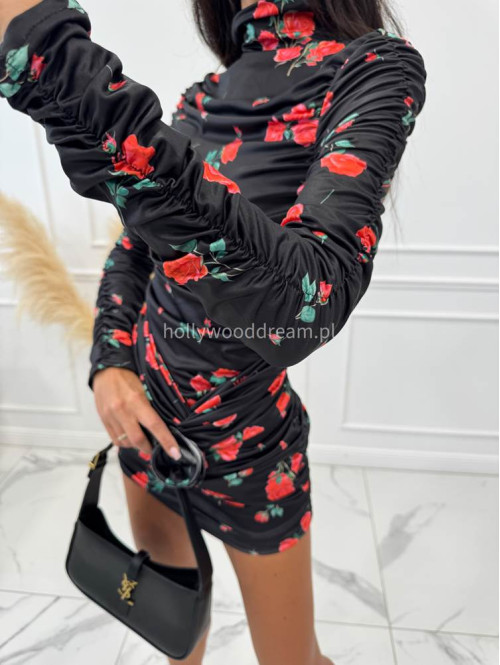 PRE ORDER Sukienka mini z golfem i ozdobą w kształcie róży MEGI czarna w róże 89 - photo #10