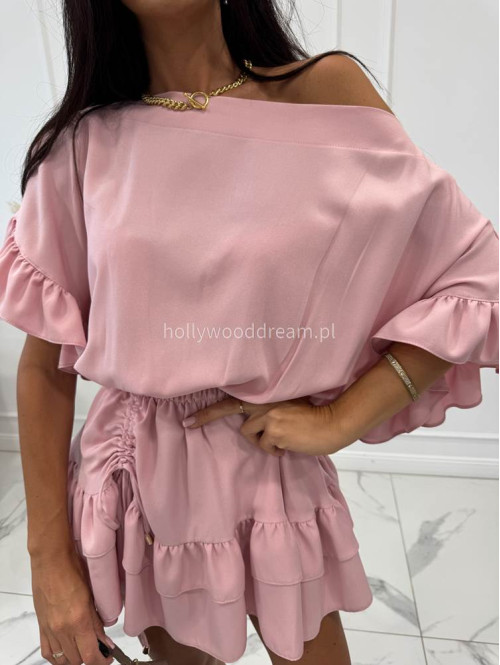 Kombinezon z falbanami na krótki rękaw JASMIN pudrowy róż 39 - photo #10