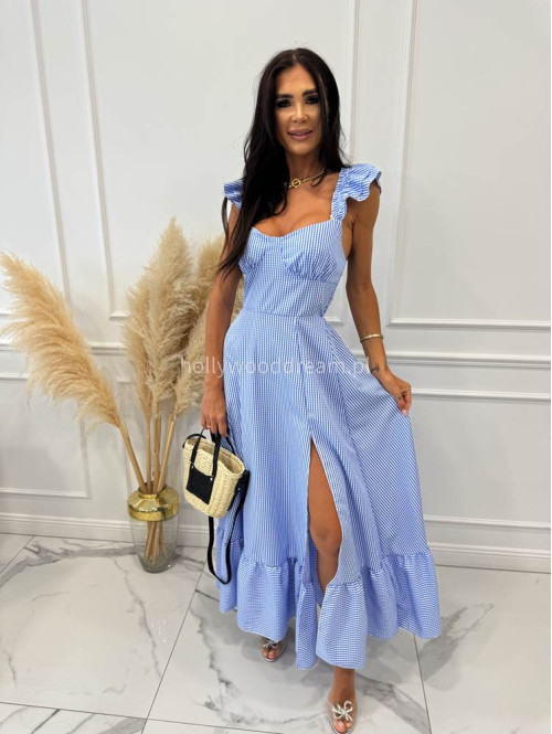 Sukienka maxi w kartkę z falbanami MAXIM niebieska 17 - photo #6