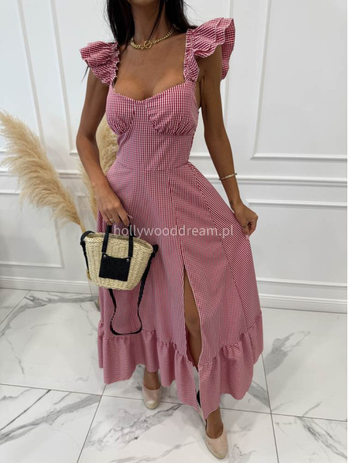 Sukienka maxi w kartkę z falbanami MAXIM czerwona 17 - photo #14