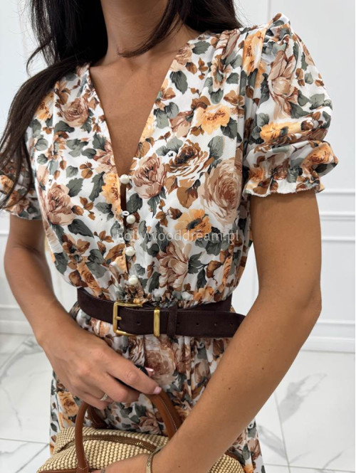Sukienka midi na krótki rękaw w żółto - brązowe kwiaty Megan kremowa 172 - photo #25