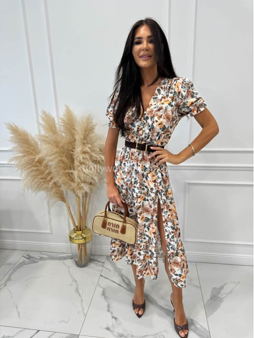 Sukienka midi na krótki rękaw w żółto - brązowe kwiaty Megan kremowa 172 - photo #26