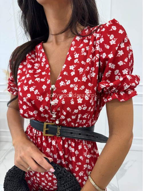 Sukienka midi na krótki rękaw w kremowe kwiaty Megan czerwona 172 - photo #1