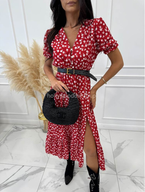 Sukienka midi na krótki rękaw w kremowe kwiaty Megan czerwona 172 - photo #3